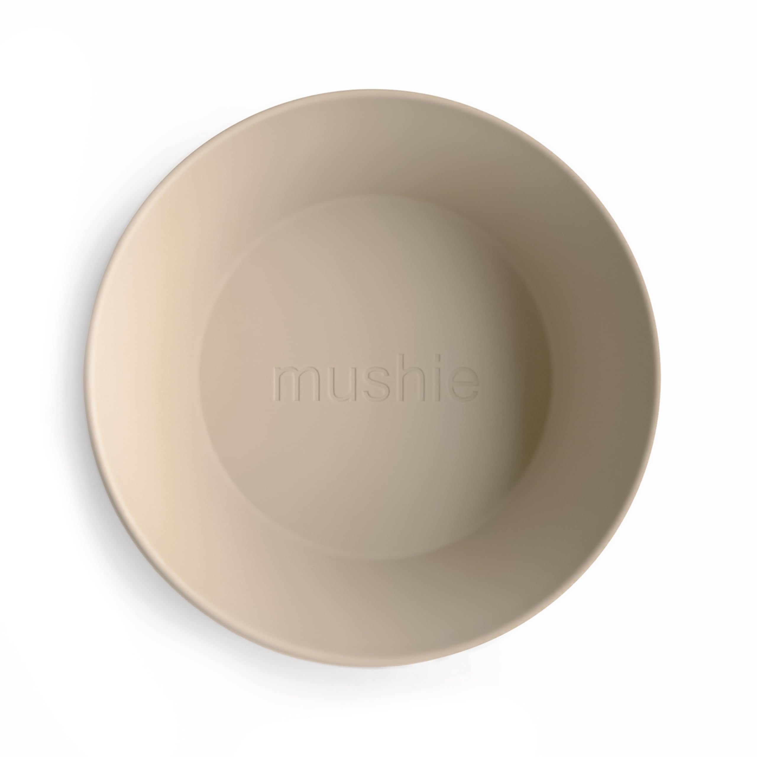 Mushie round dinnerware bowls for kids Vanilla set 2 stacked for easy storage.