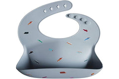 mushie silicone baby bib deep-pocket catches crumbs, easing cleanup.