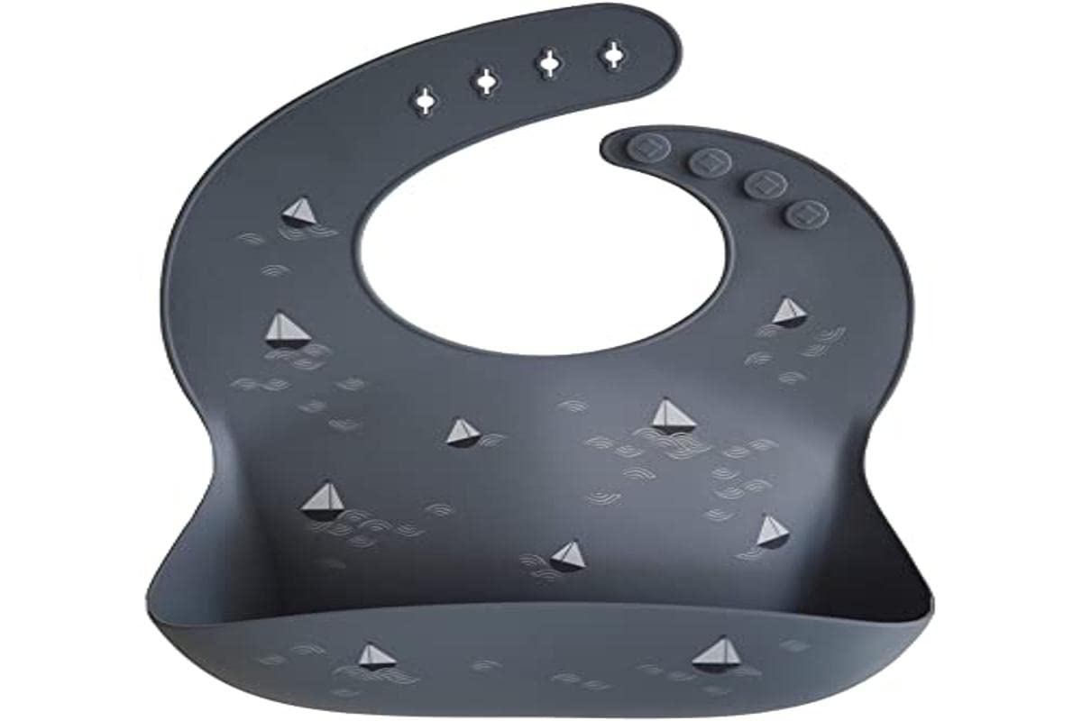 Mushie silicone bib stain-resistant material, boats design, easy to wipe clean.