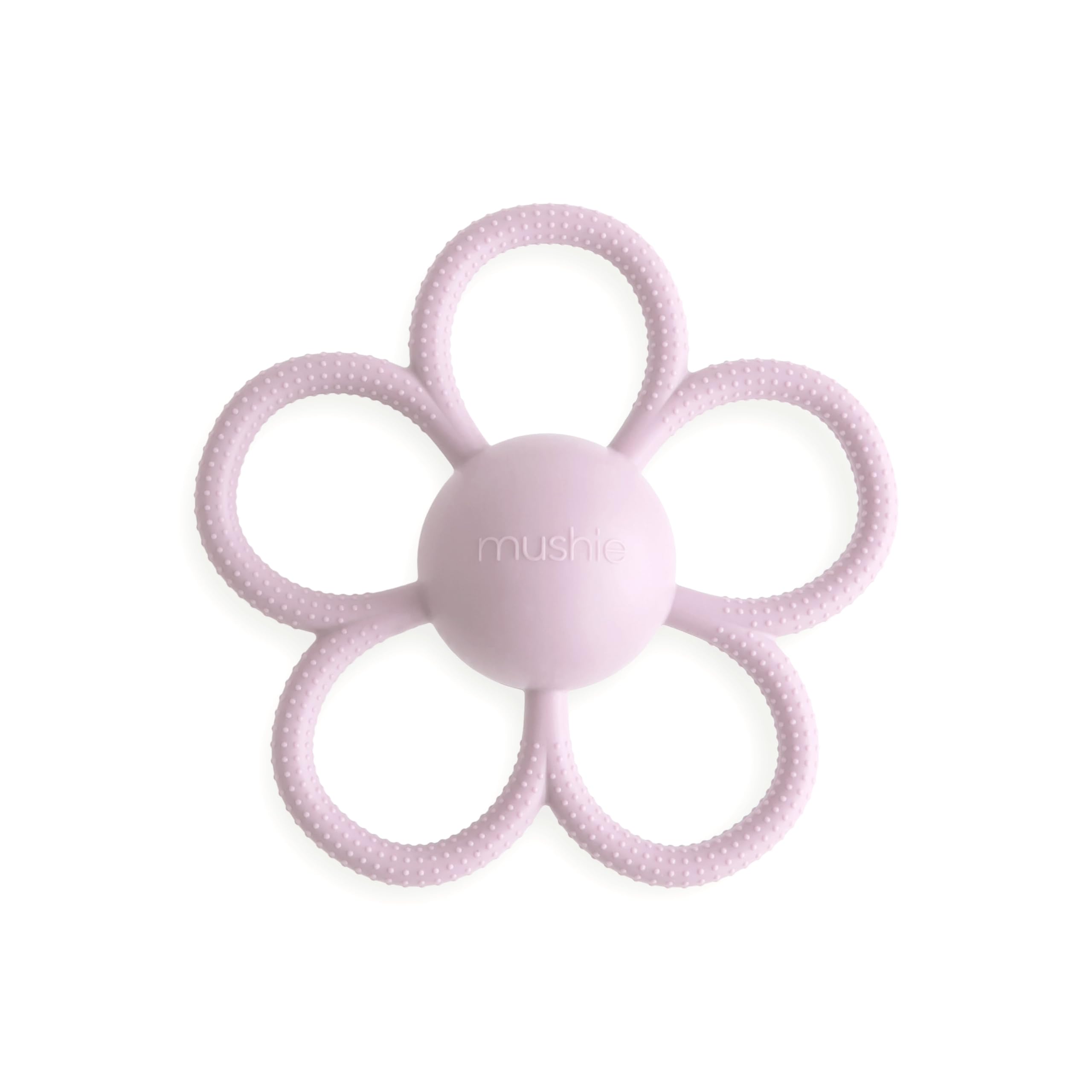 Mushie Daisy rattle teether in soft lilac designed for teething and play.
