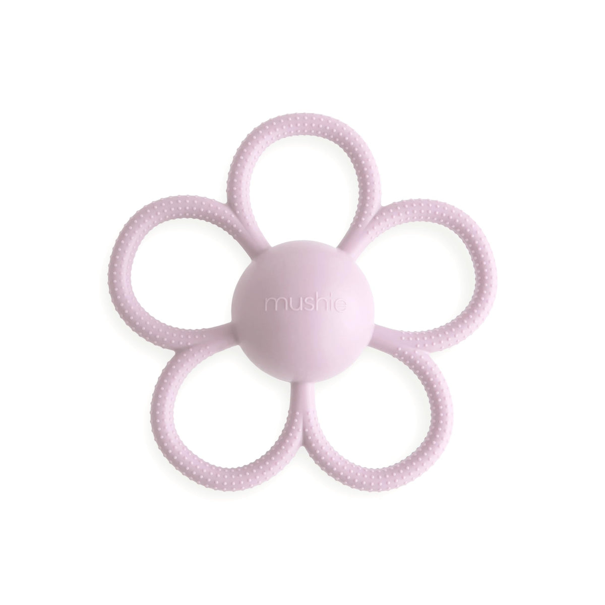 Mushie Daisy rattle teether in soft lilac designed for teething and play.