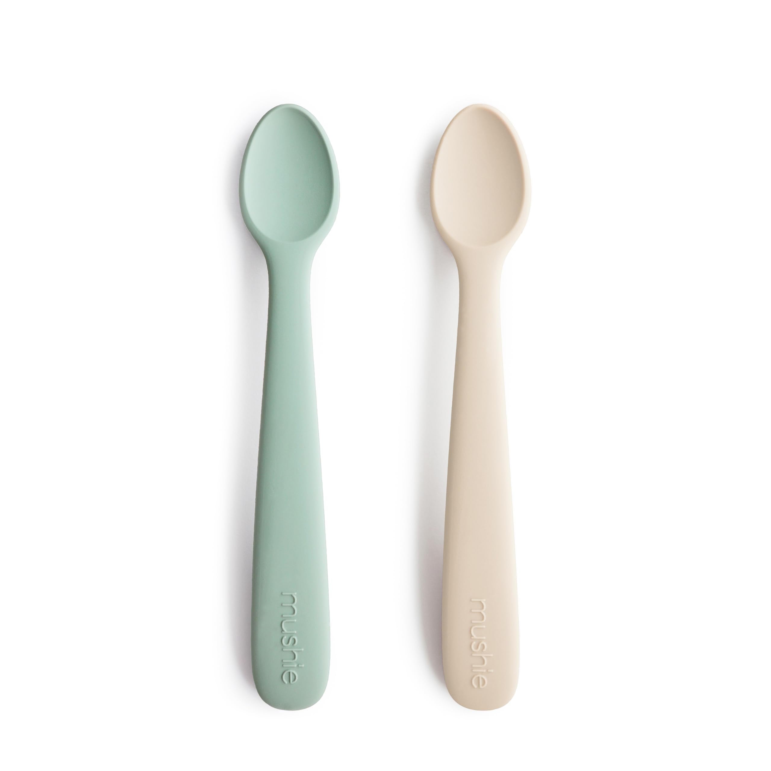 Mushie silicone baby feeding spoons 2-pack Cambridge Blue gently protect gums.