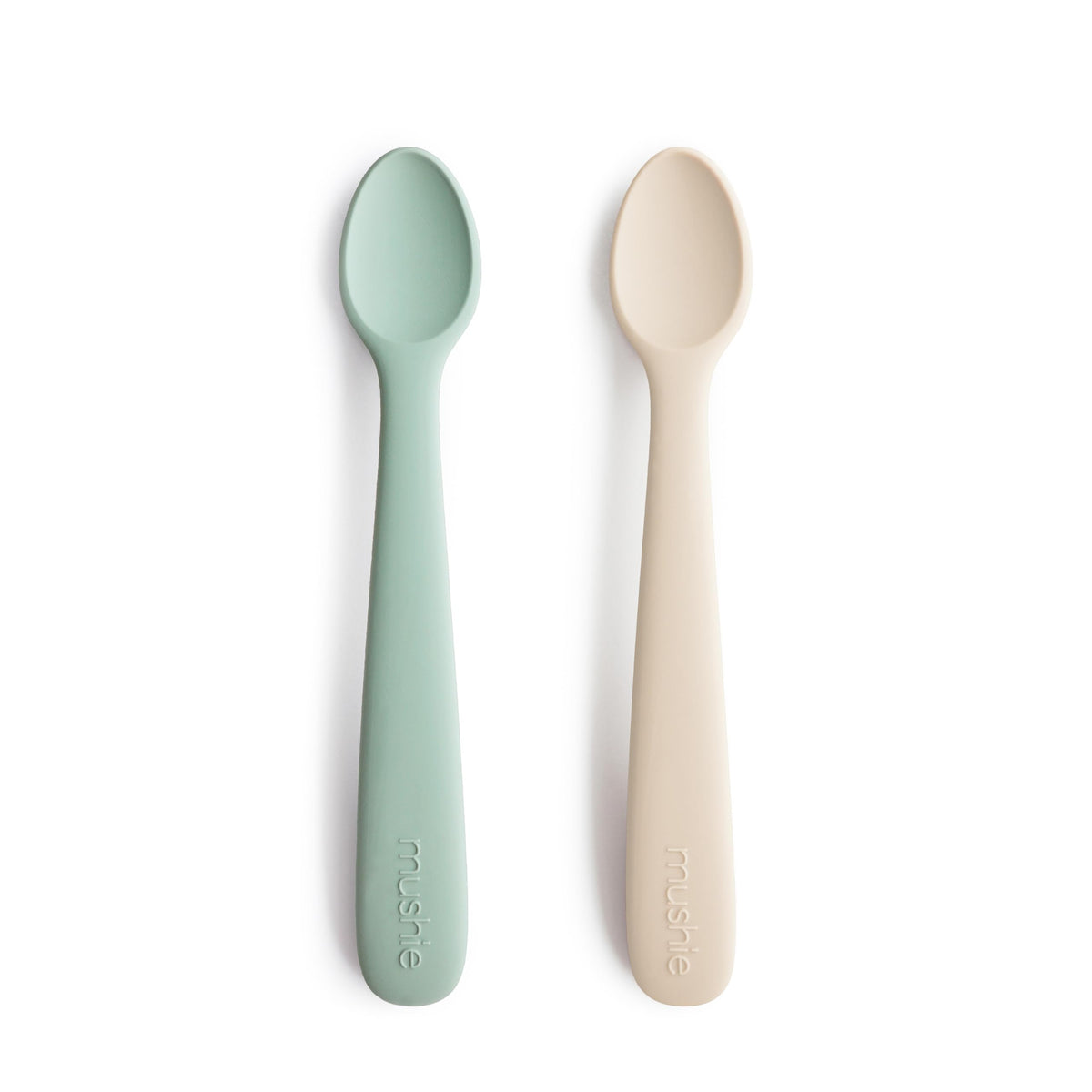 Mushie silicone baby feeding spoons 2-pack Cambridge Blue gently protect gums.