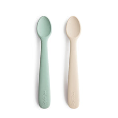 Mushie silicone baby feeding spoons 2-pack Cambridge Blue gently protect gums.