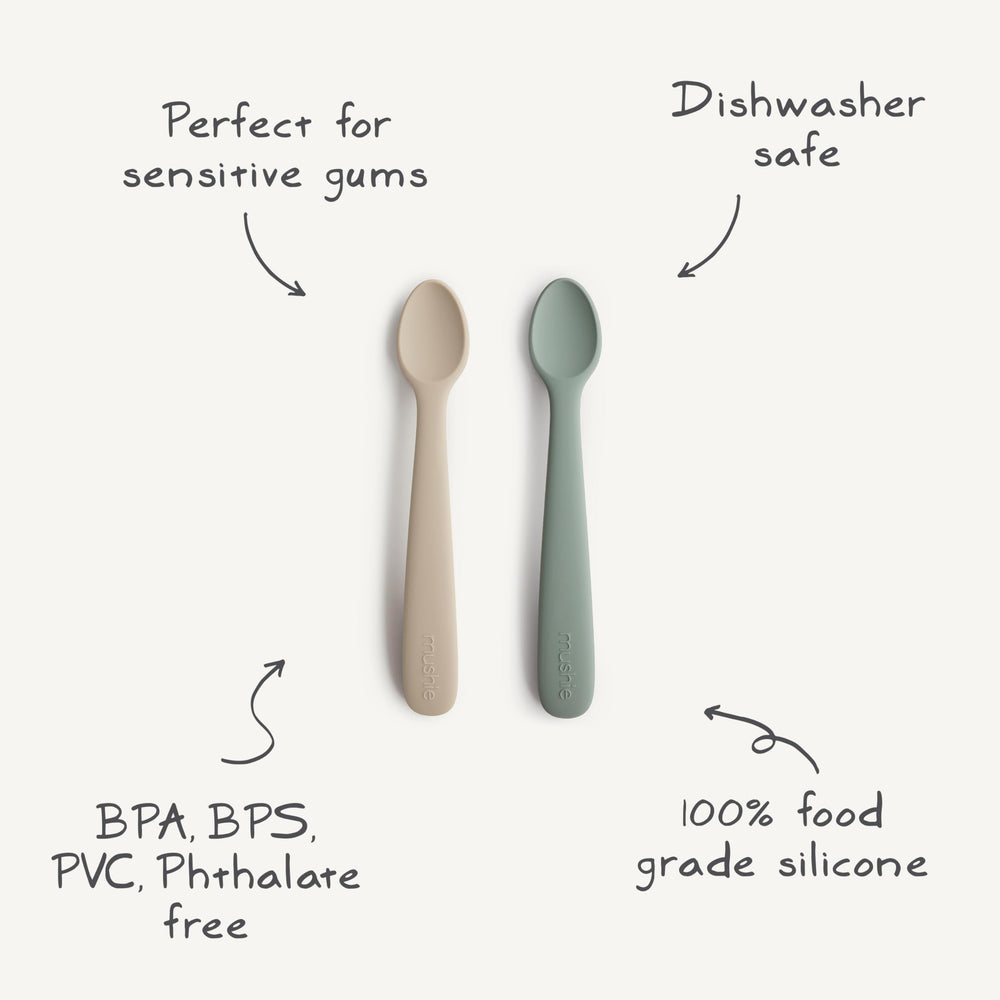 Mushie spoons 2-pack Shifting Sand provide soothing textures for early meals.