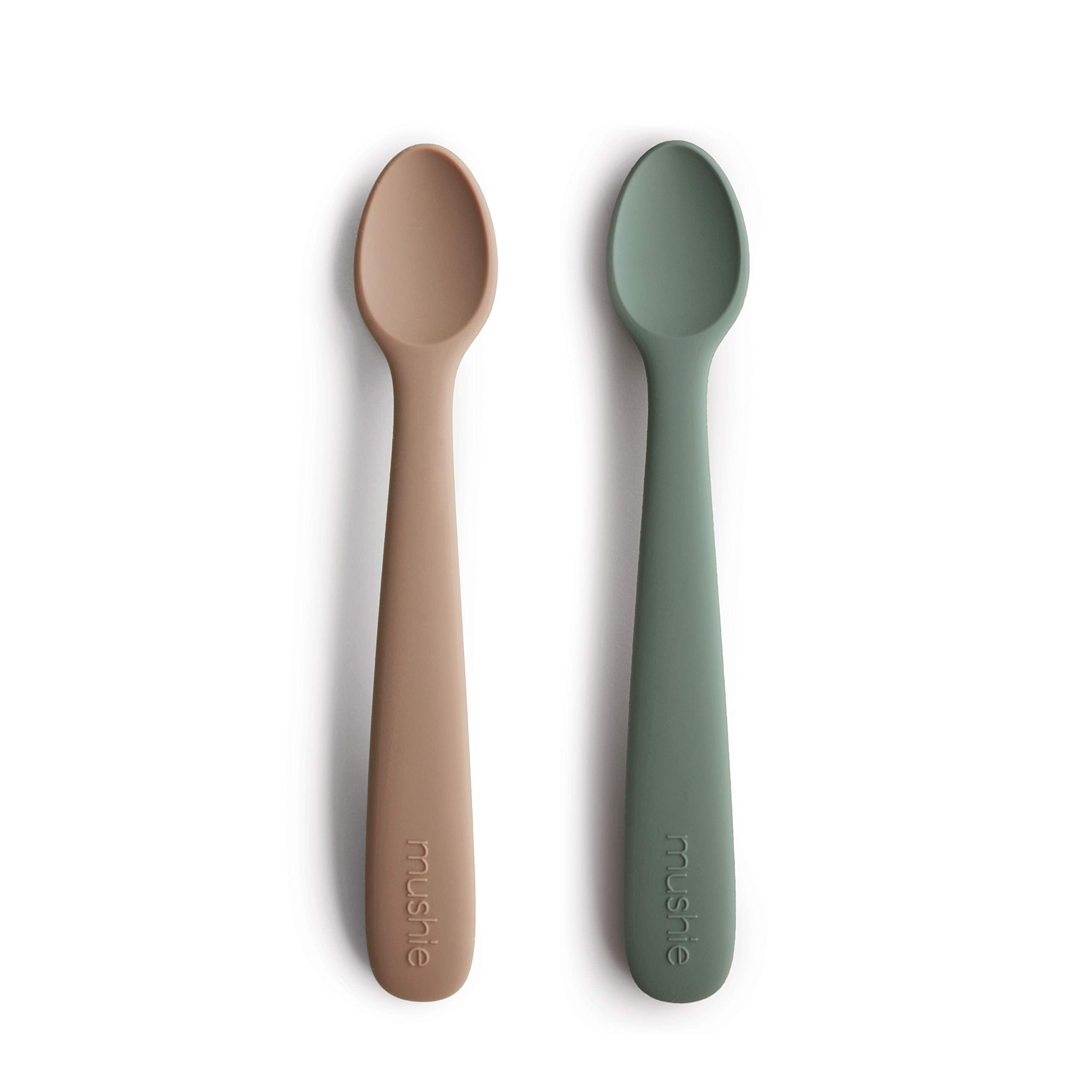 Mushie silicone baby feeding spoons 2-pack with dried thyme, gentle on gums.