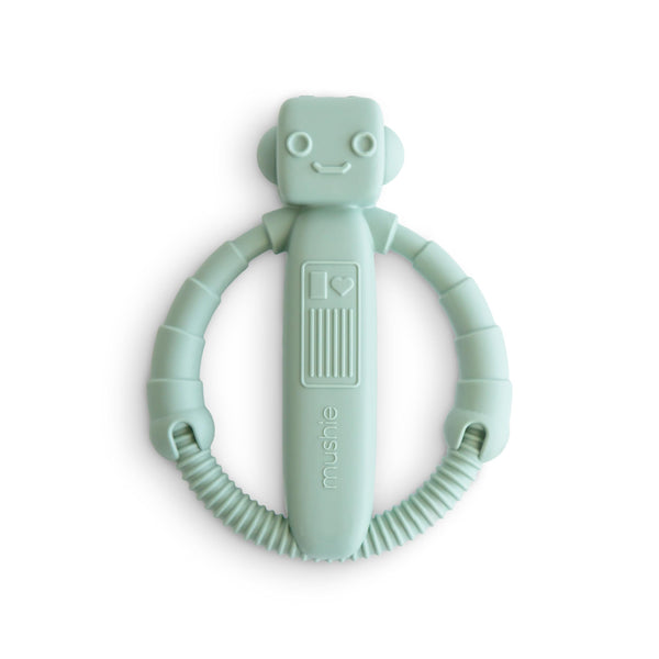 Mushie robot rattle teether toy with easy grip for tiny hands.