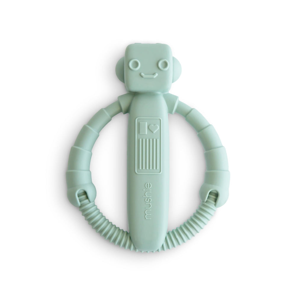 Mushie robot rattle teether toy with easy grip for tiny hands.