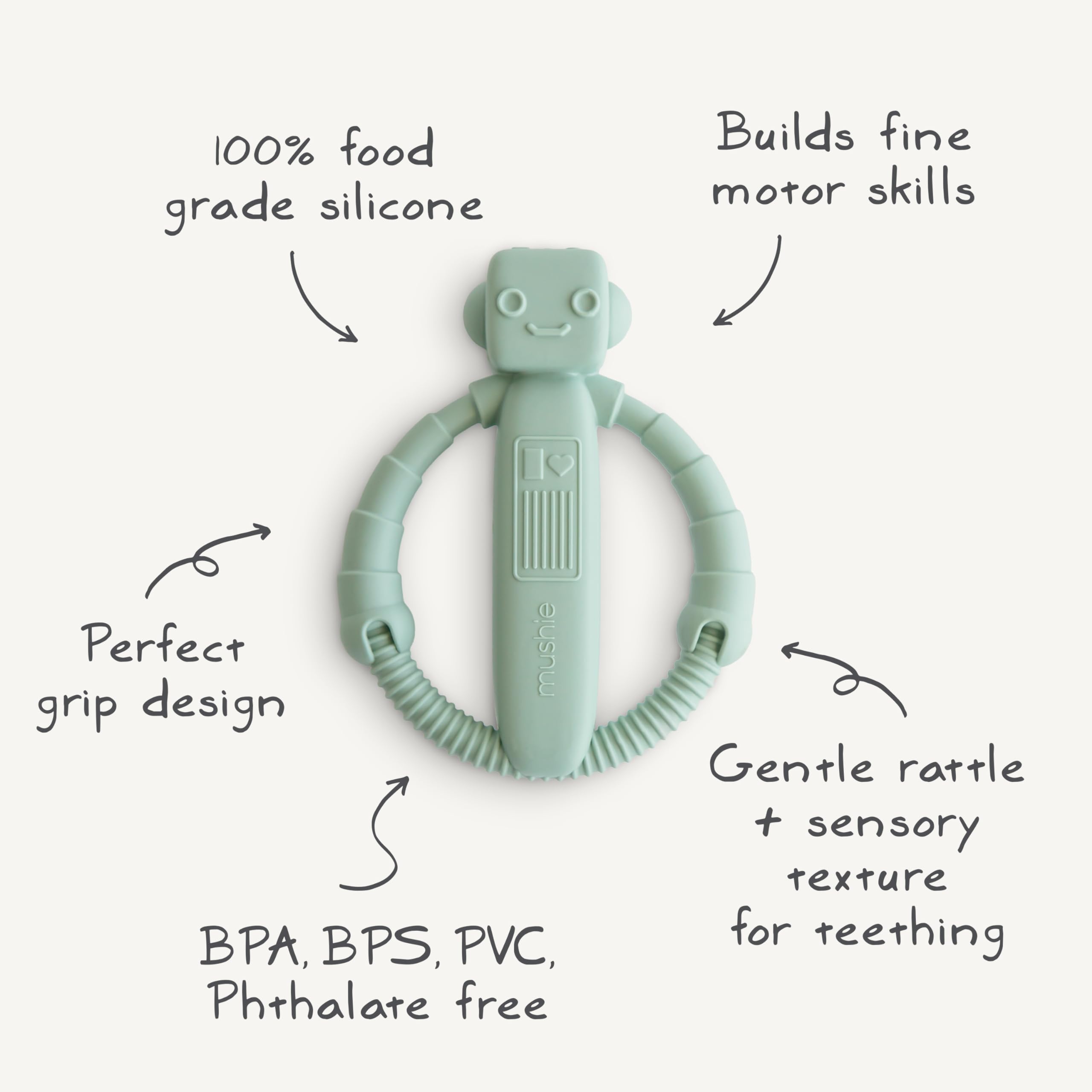 Mushie robot rattle teether offers a safe, soft toy for bath and play.