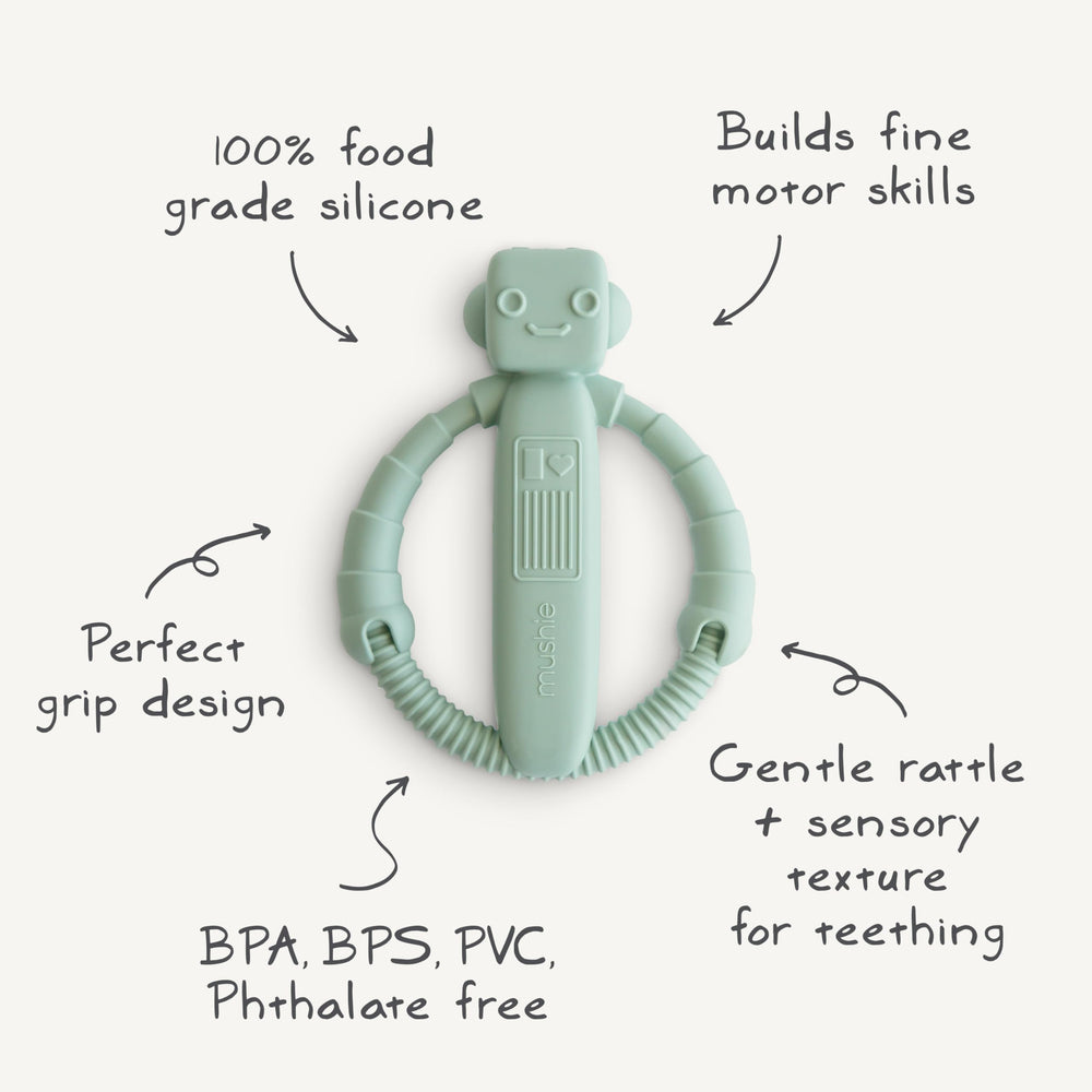Mushie robot rattle teether offers a safe, soft toy for bath and play.