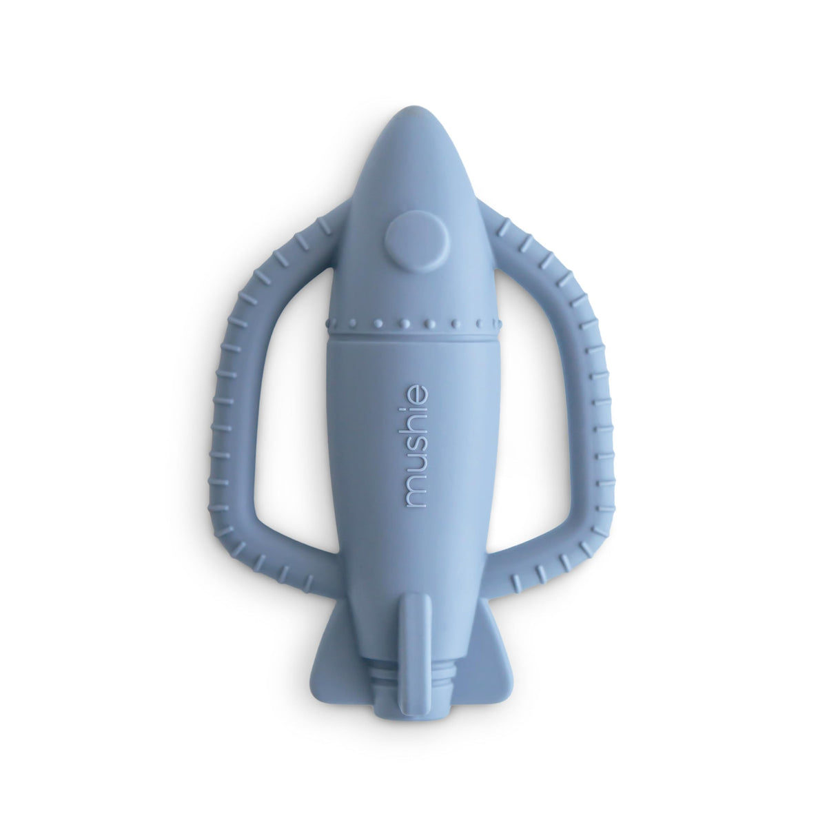Mushie rocket rattle teether held by tiny hands for gentle teething play