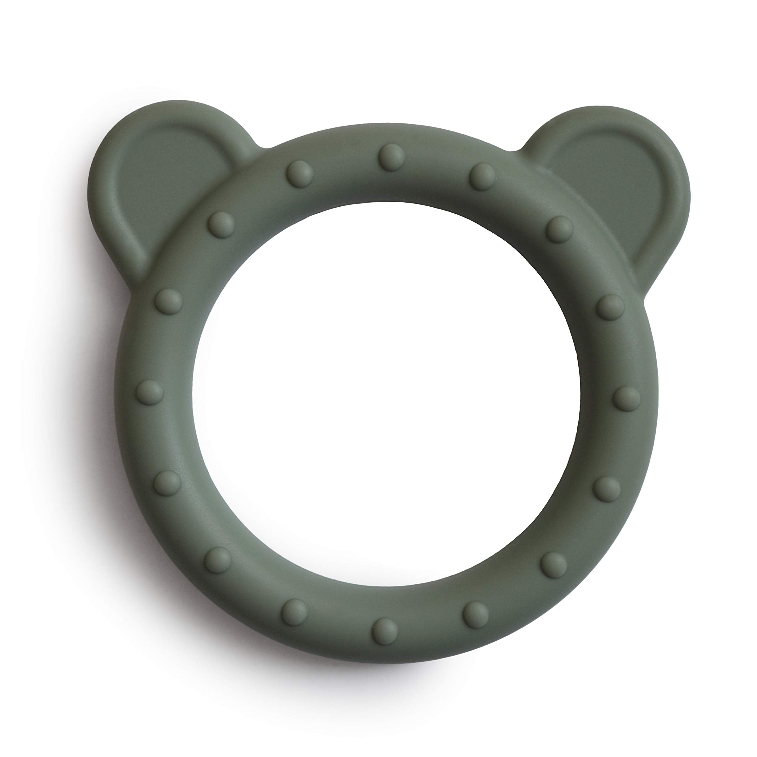 Mushie bear teether closeup in dried thyme color, BPA-free silicone for soothing gums