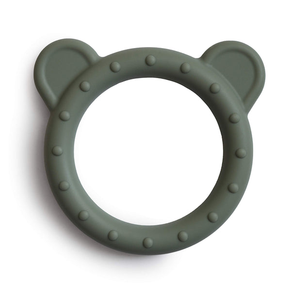 Mushie bear teether closeup in dried thyme color, BPA-free silicone for soothing gums