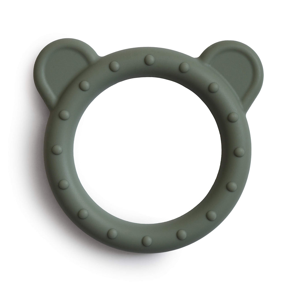 Mushie bear teether closeup in dried thyme color, BPA-free silicone for soothing gums