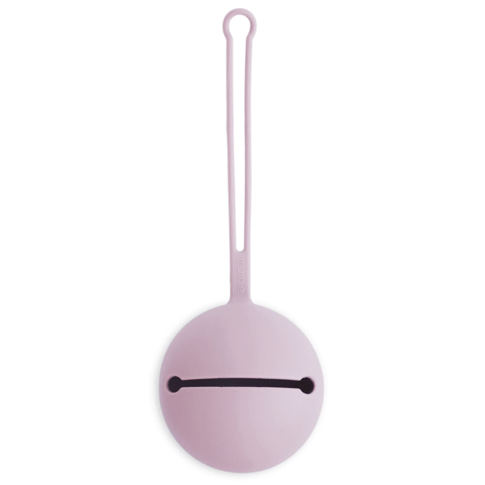 Mushie soft lilac pacifier holder case keeps pacifiers clean and easily reachable