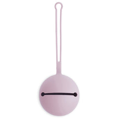 Mushie soft lilac pacifier holder case keeps pacifiers clean and easily reachable