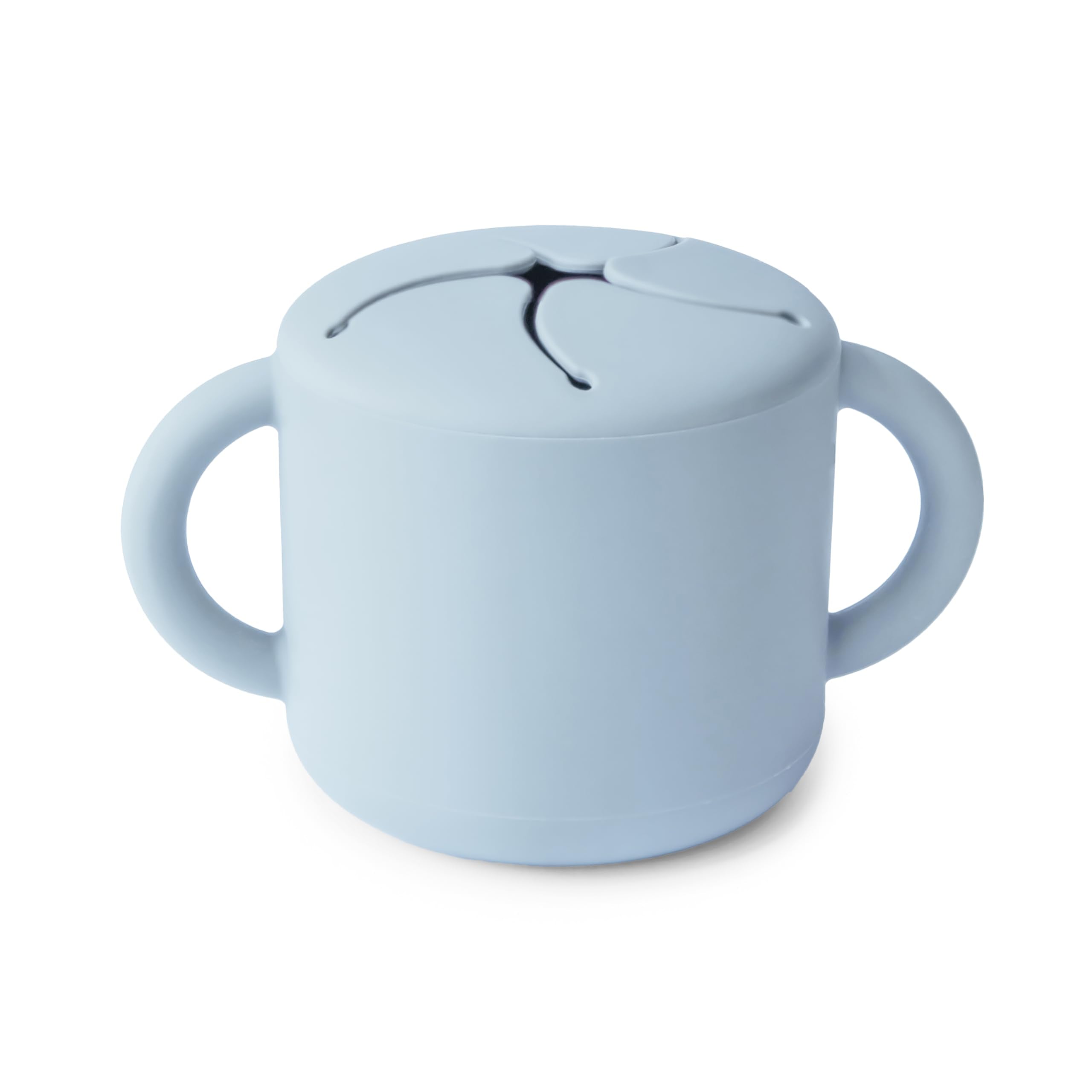 Mushie silicone snack cup powder blue two-handles improve toddler grip during snack time