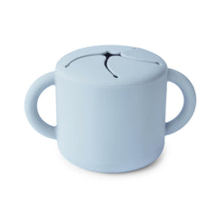 Mushie silicone snack cup powder blue two-handles improve toddler grip during snack time