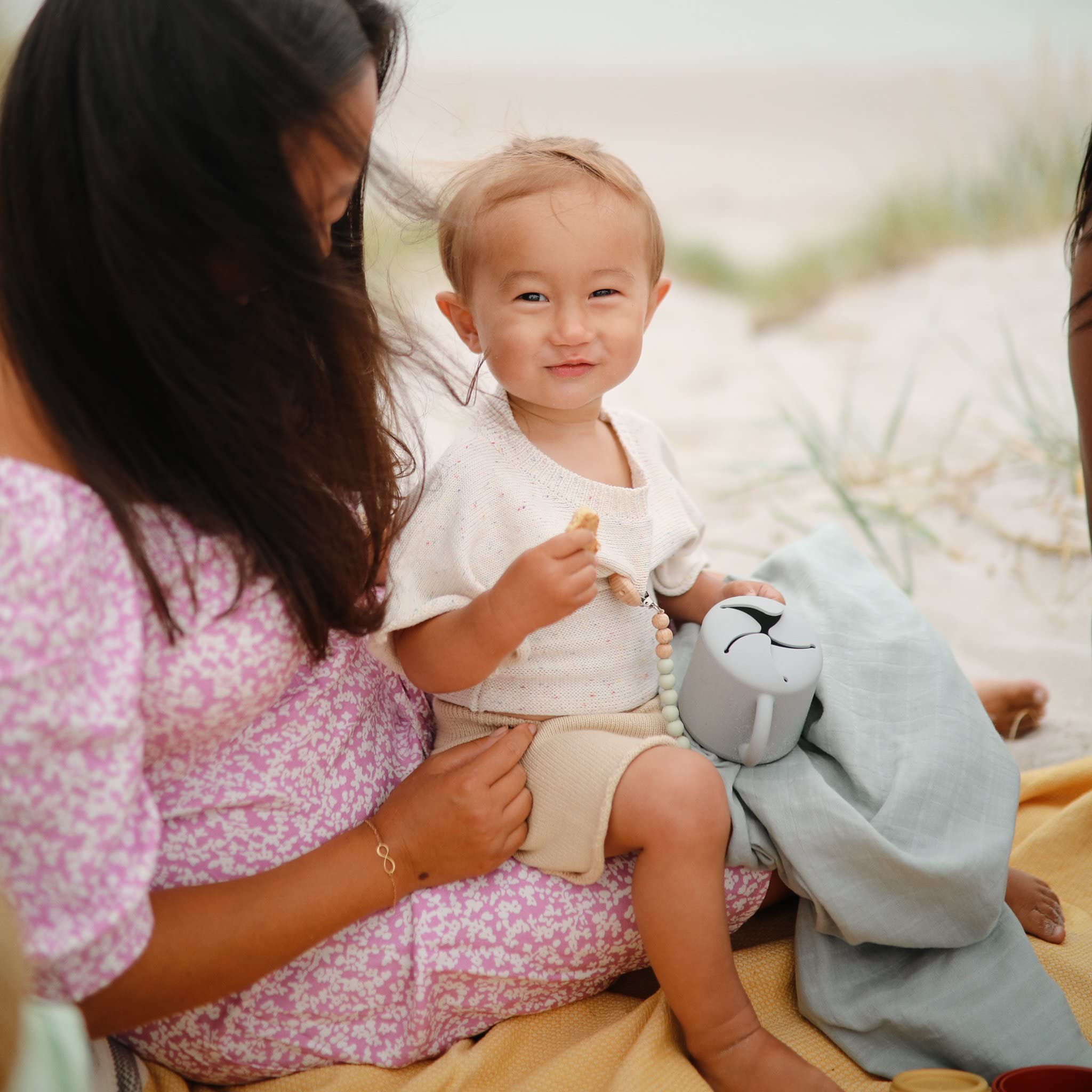 Mushie silicone snack cup powder blue soft-opening snacks for easy self-feeding