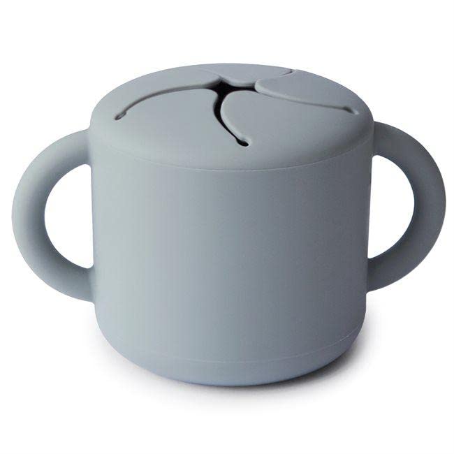 Mushie stone snack cup shown side view for compact portable use