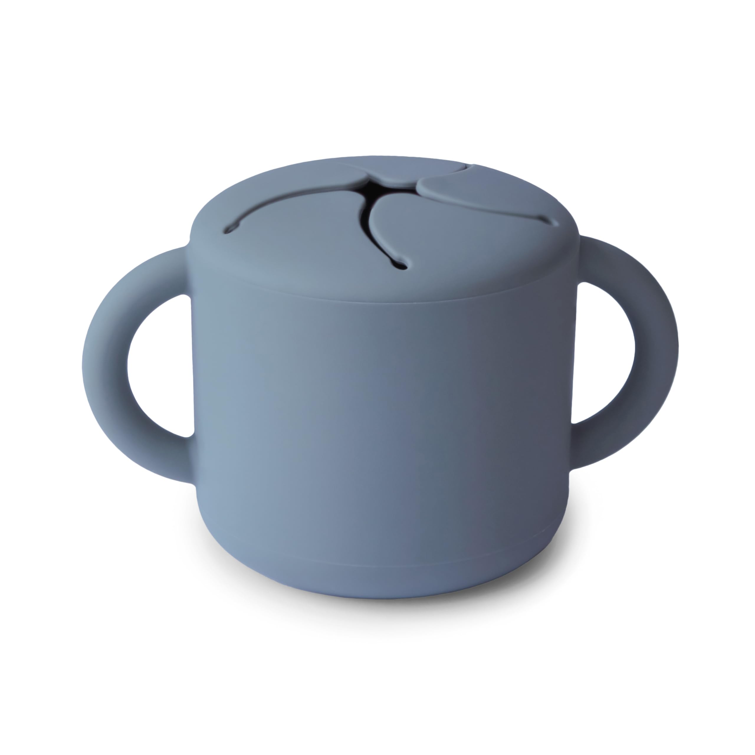Mushie Tradewinds two-handles snack cup offers easy grip for toddlers.