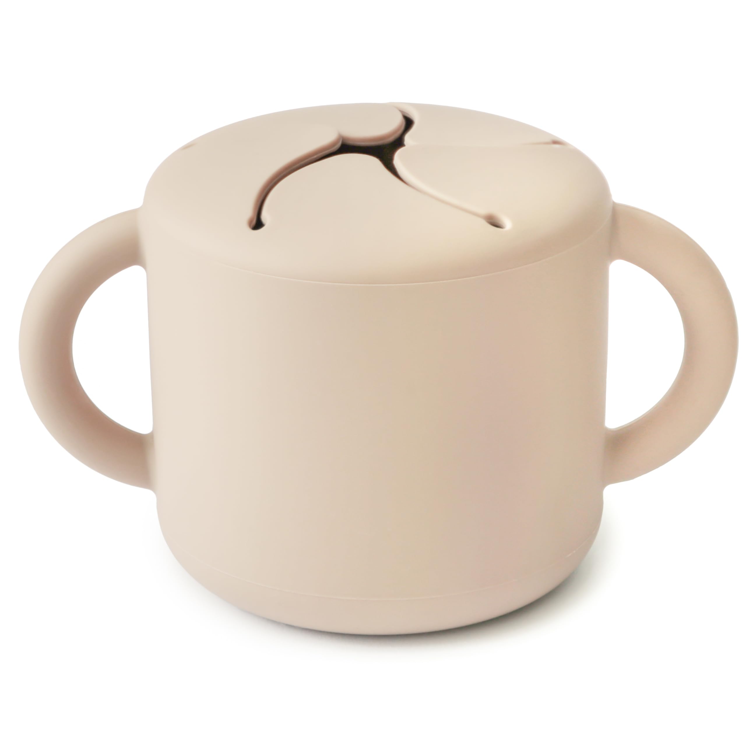Mushie silicone snack cup with two handles, spill-proof for toddlers on the go.