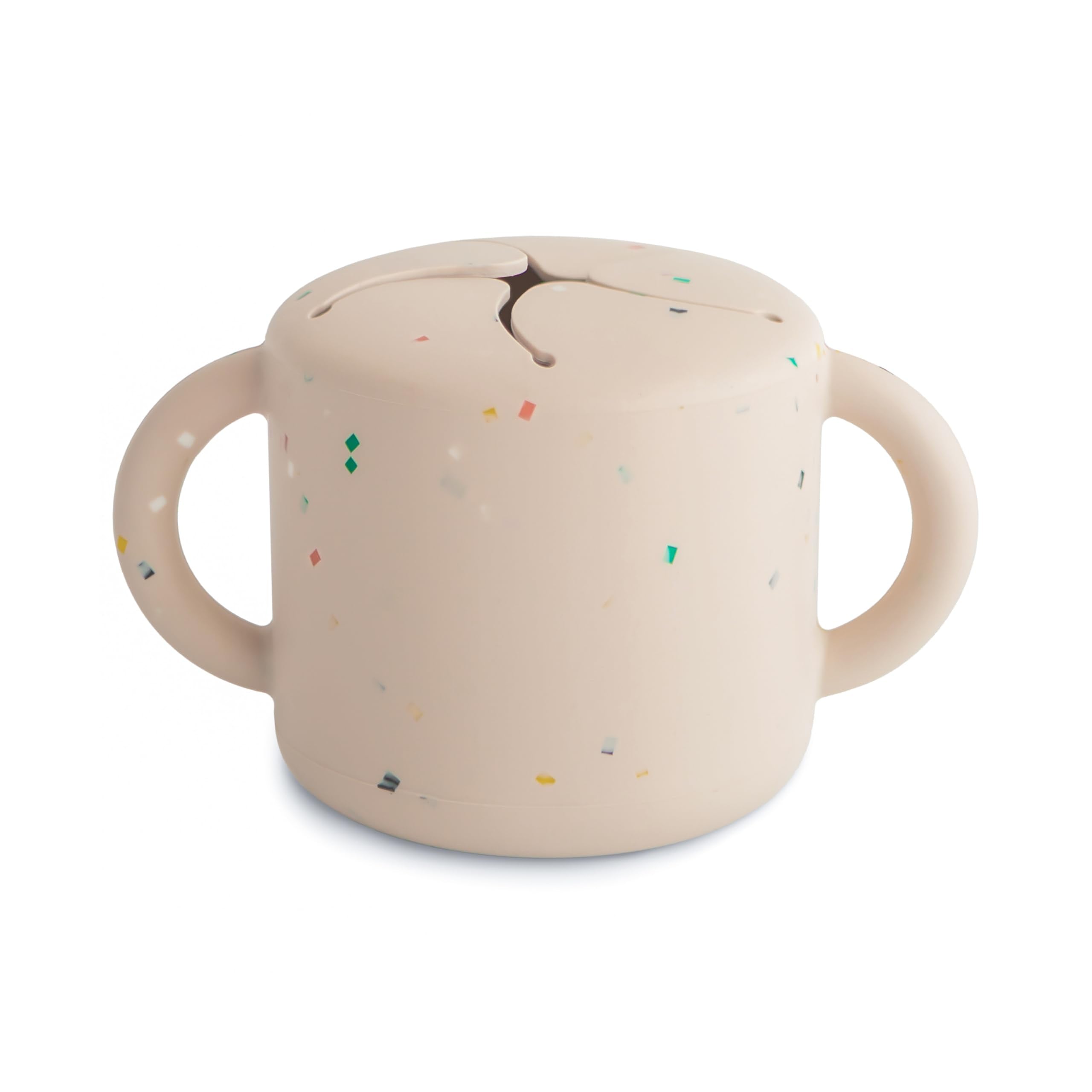 Mushie silicone snack cup with two handles for easy toddler grip.