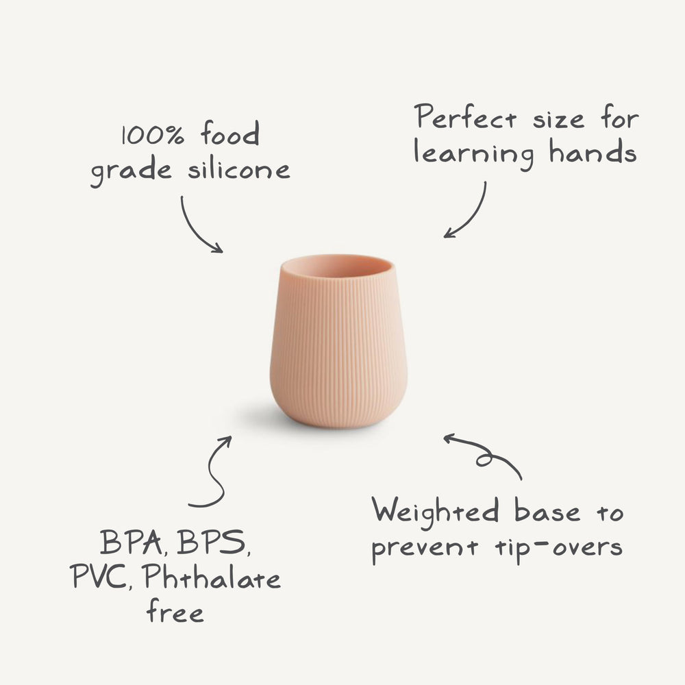 Mushie blush cup care-ready design emphasizing dishwasher-safe features.