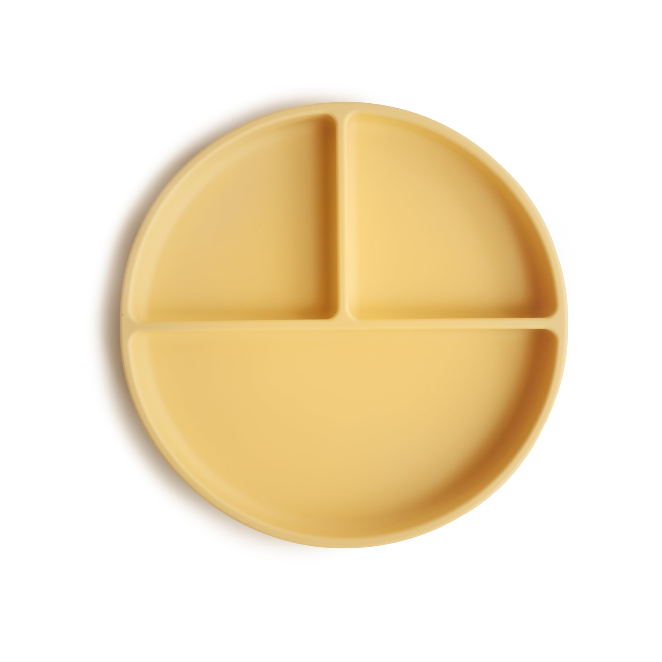 Mushie suction plate daffodil front view showing spill-free mealtime benefits
