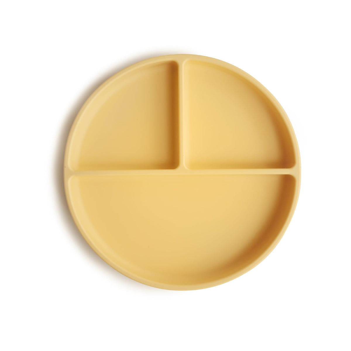 Mushie suction plate daffodil front view showing spill-free mealtime benefits