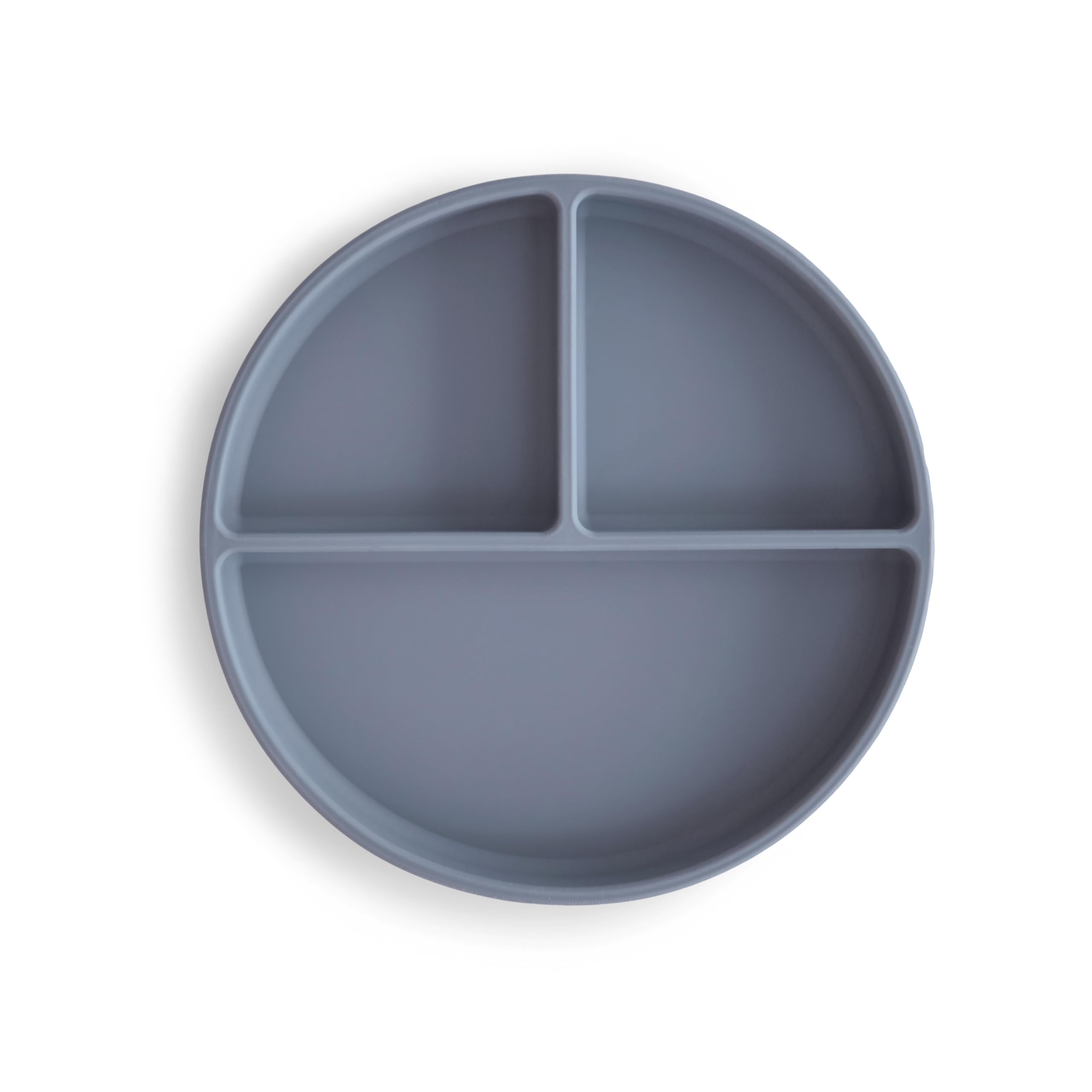 Mushie silicone suction plate top view highlights three compartments and secure base for spills