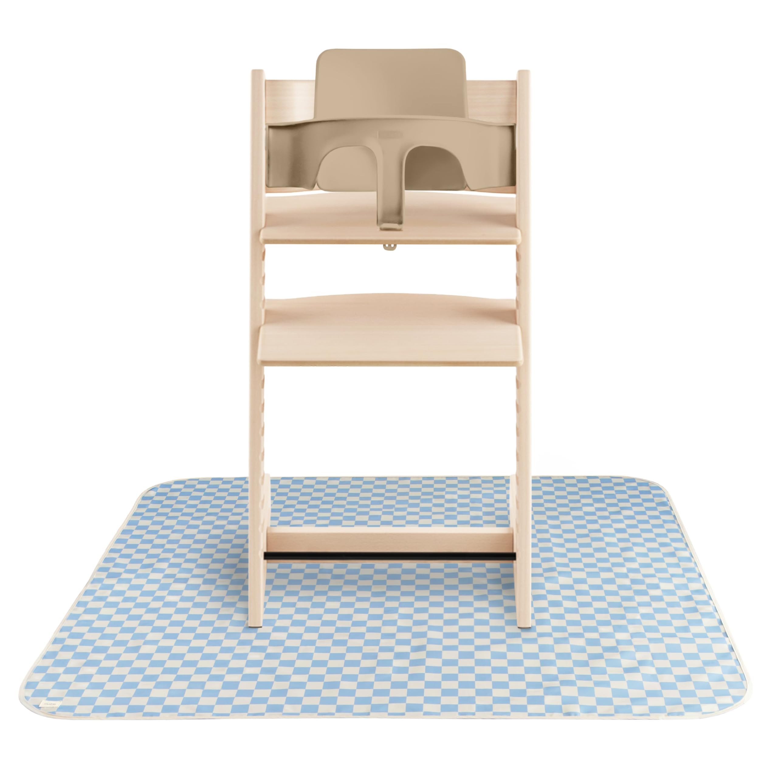 Mushie Splat Mat blue check under high chair keeps mealtime tidy