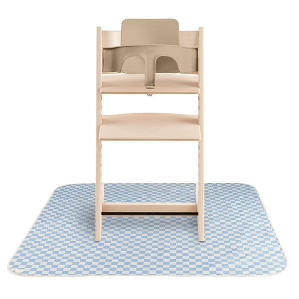 Mushie Splat Mat blue check under high chair keeps mealtime tidy