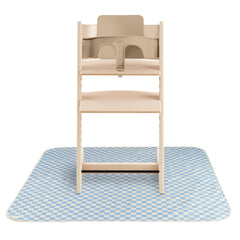 Mushie Splat Mat blue check under high chair keeps mealtime tidy
