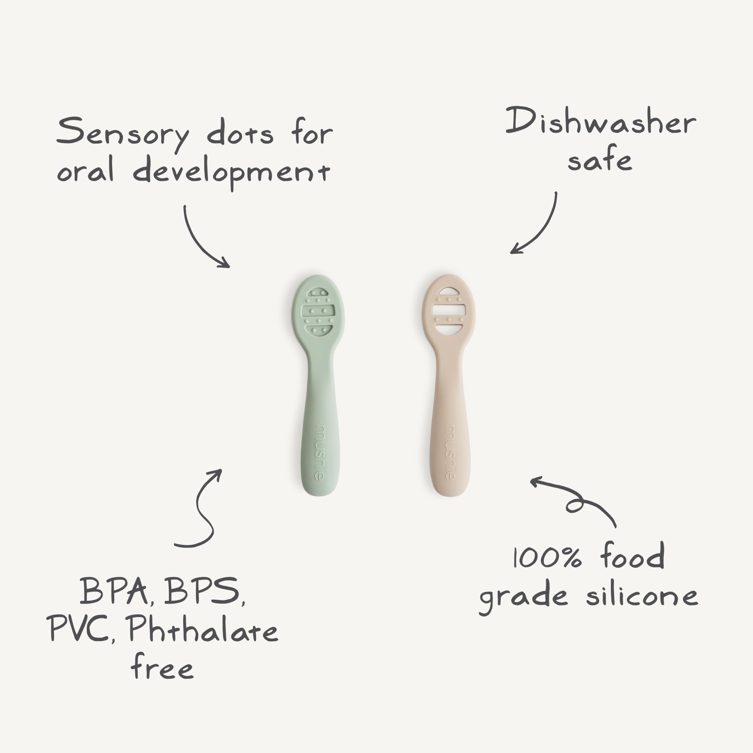 Mushie stage-2 spoon with open slots helps scoop thicker foods confidently.