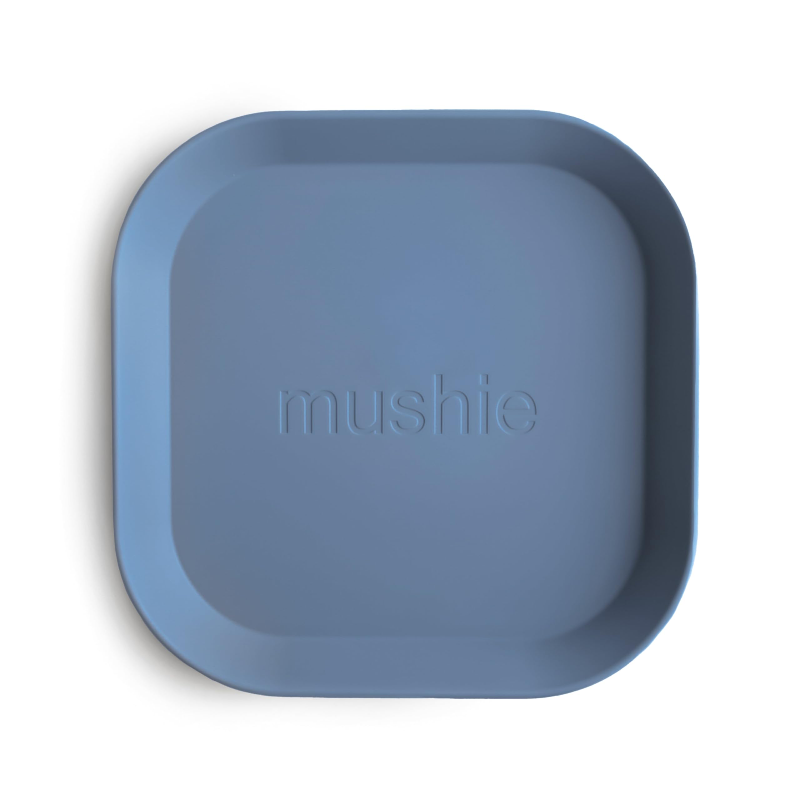 Mushie square dinnerware Twilight Blue two-pack, easy-to-hold plates for kid-friendly meals.