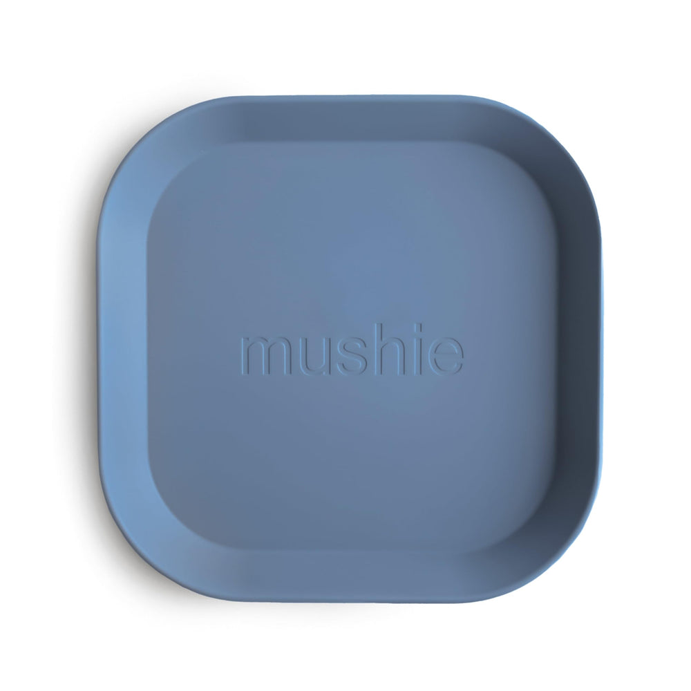 Mushie square dinnerware Twilight Blue two-pack, easy-to-hold plates for kid-friendly meals.