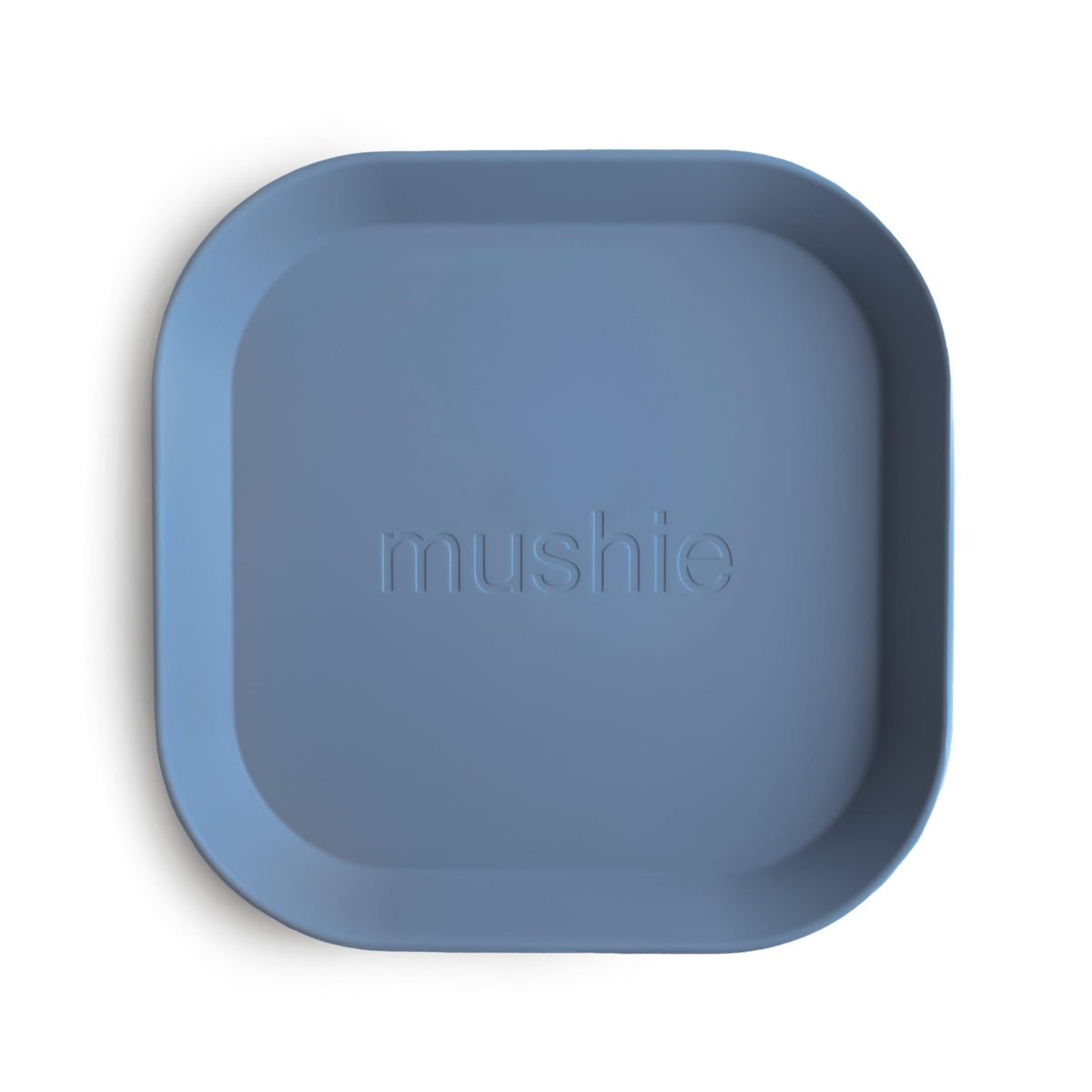 Mushie square dinnerware Twilight Blue two-pack, easy-to-hold plates for kid-friendly meals.