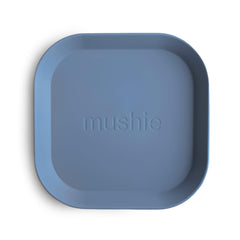 Mushie square dinnerware Twilight Blue two-pack, easy-to-hold plates for kid-friendly meals.
