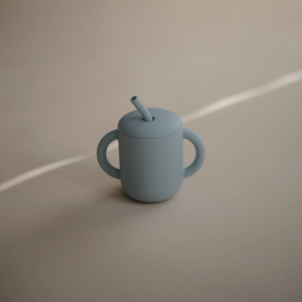 Close-up of Mushie training cup lid preventing spills.