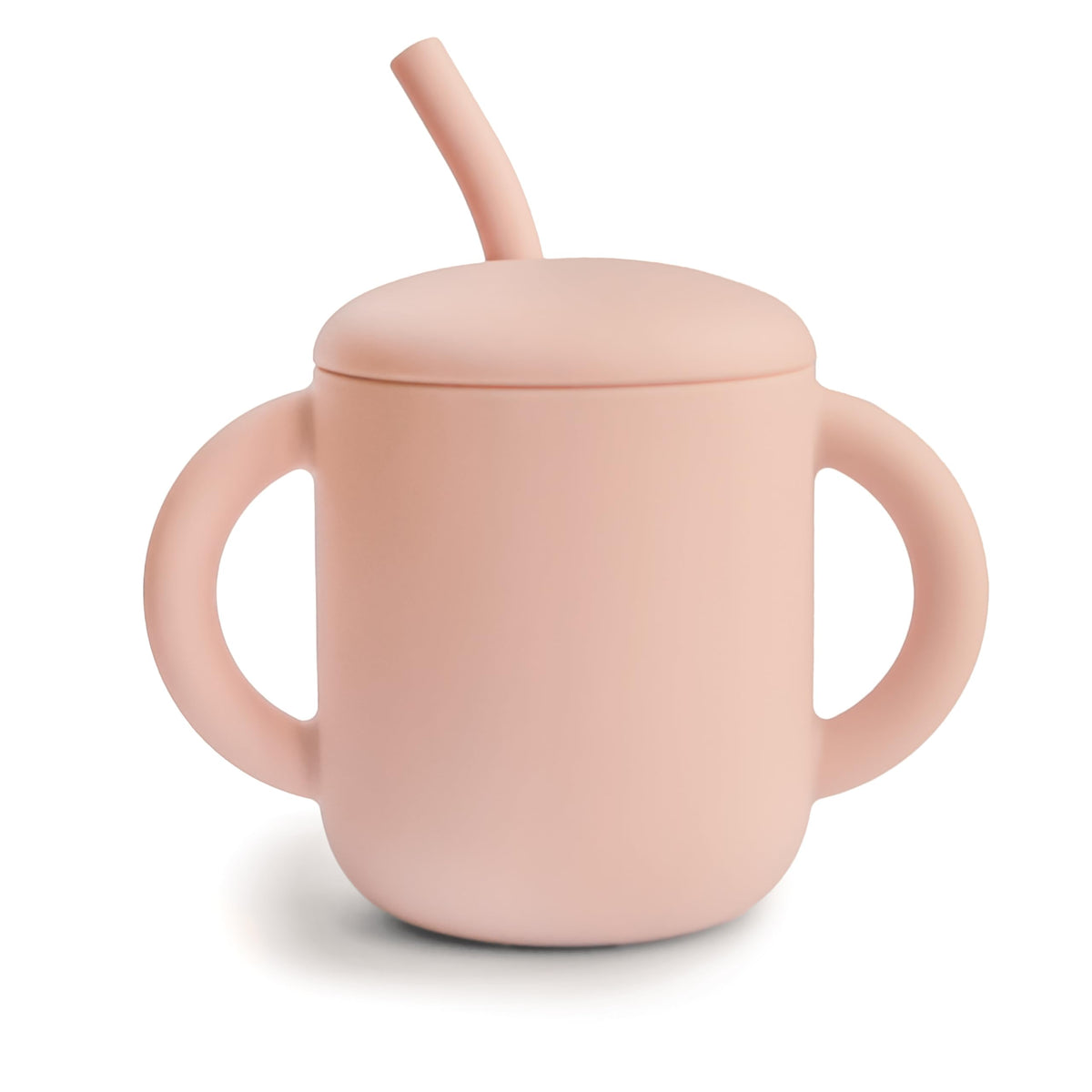 Mushie training cup with lid, blush color, helping prevent spills during meals.