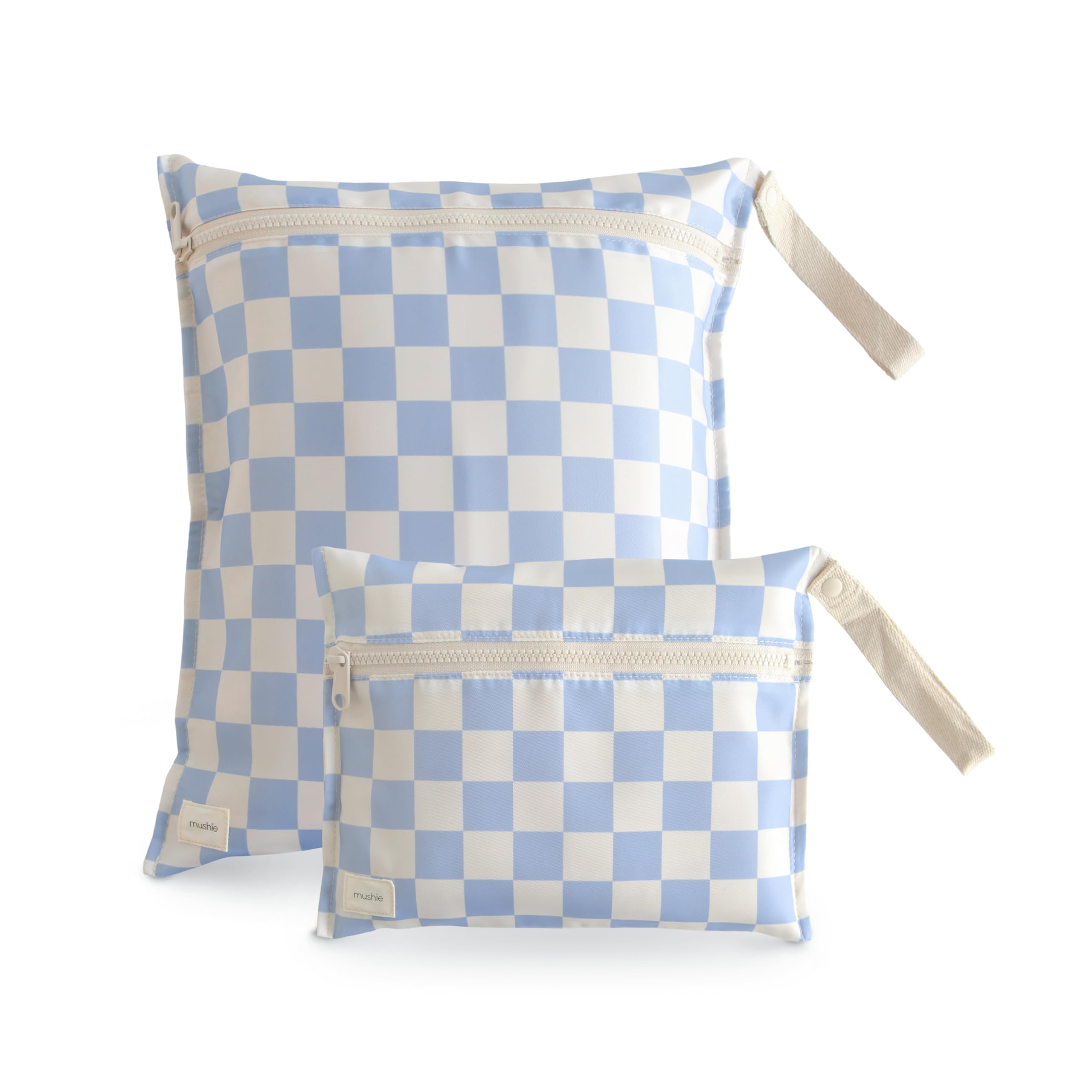 Mushie water-resistant wet bag blue-check large zipper for secure wet items.