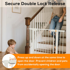Mutak gate shows dual safety release to prevent accidental openings by kids and pets