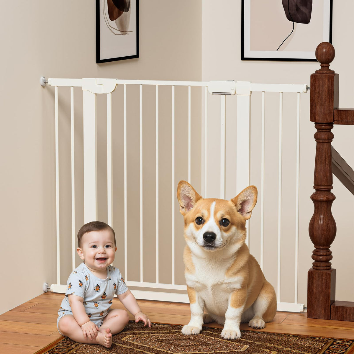 Mutak magnetic baby gate on stairs 29-46in for secure passage while holding your child
