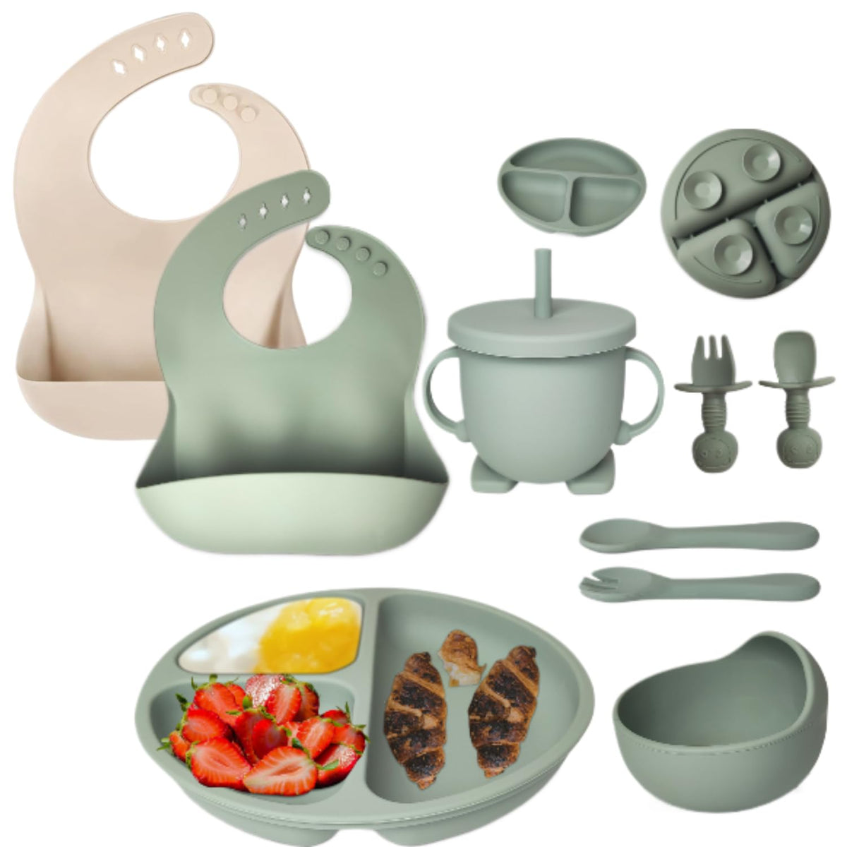 Mutualproducts silicone baby spoons and forks for easy self-feeding and gentle gums.