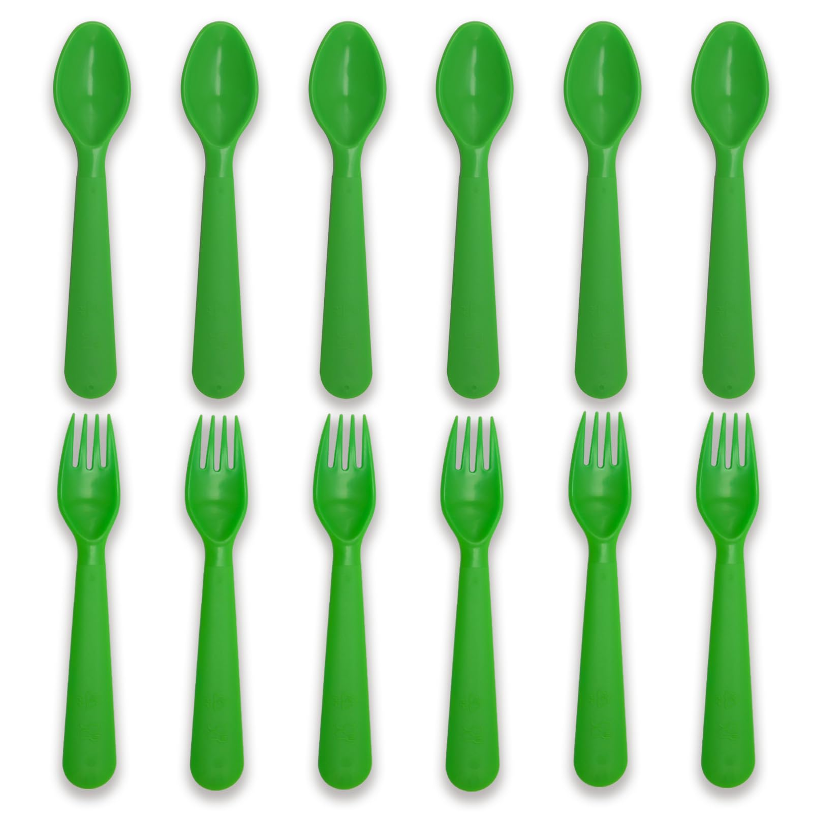 Muulaii 12-pc kids spoons and forks set, front view, durable BPA-free plastic for safe meals