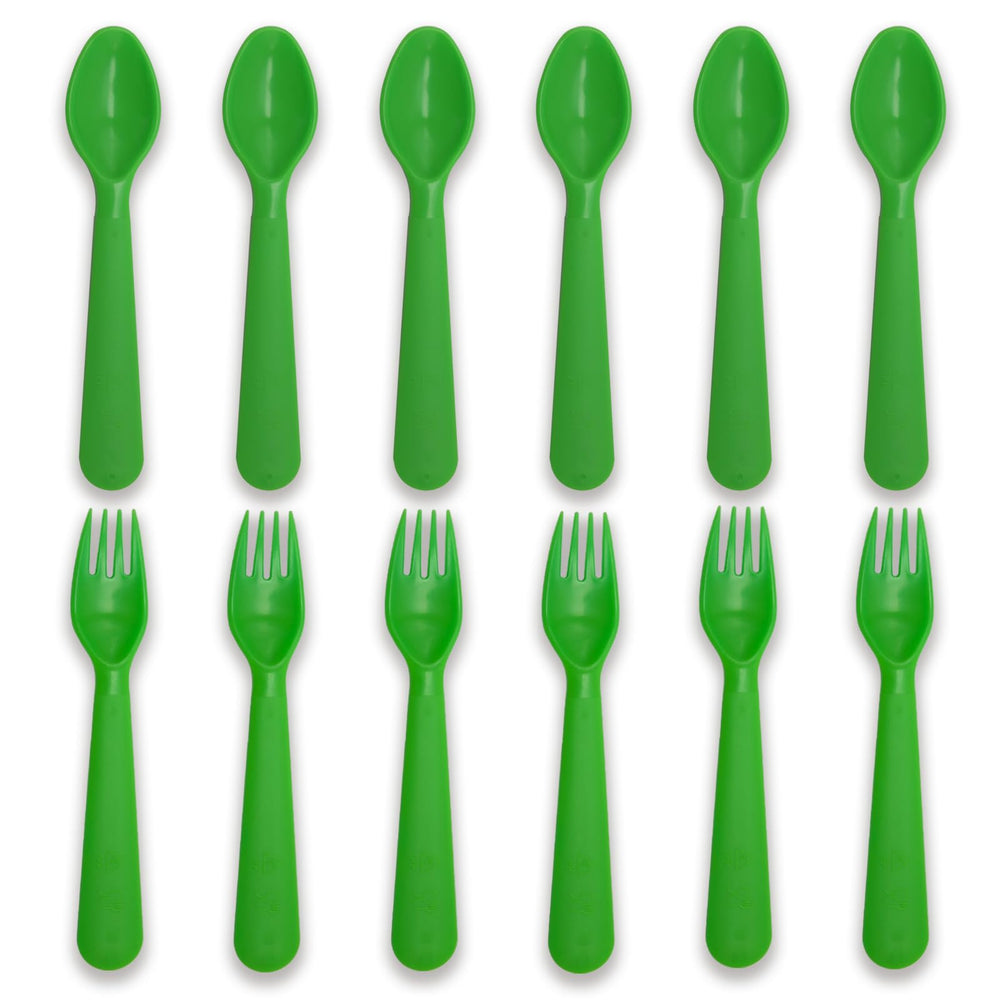 Muulaii 12-pc kids spoons and forks set, front view, durable BPA-free plastic for safe meals