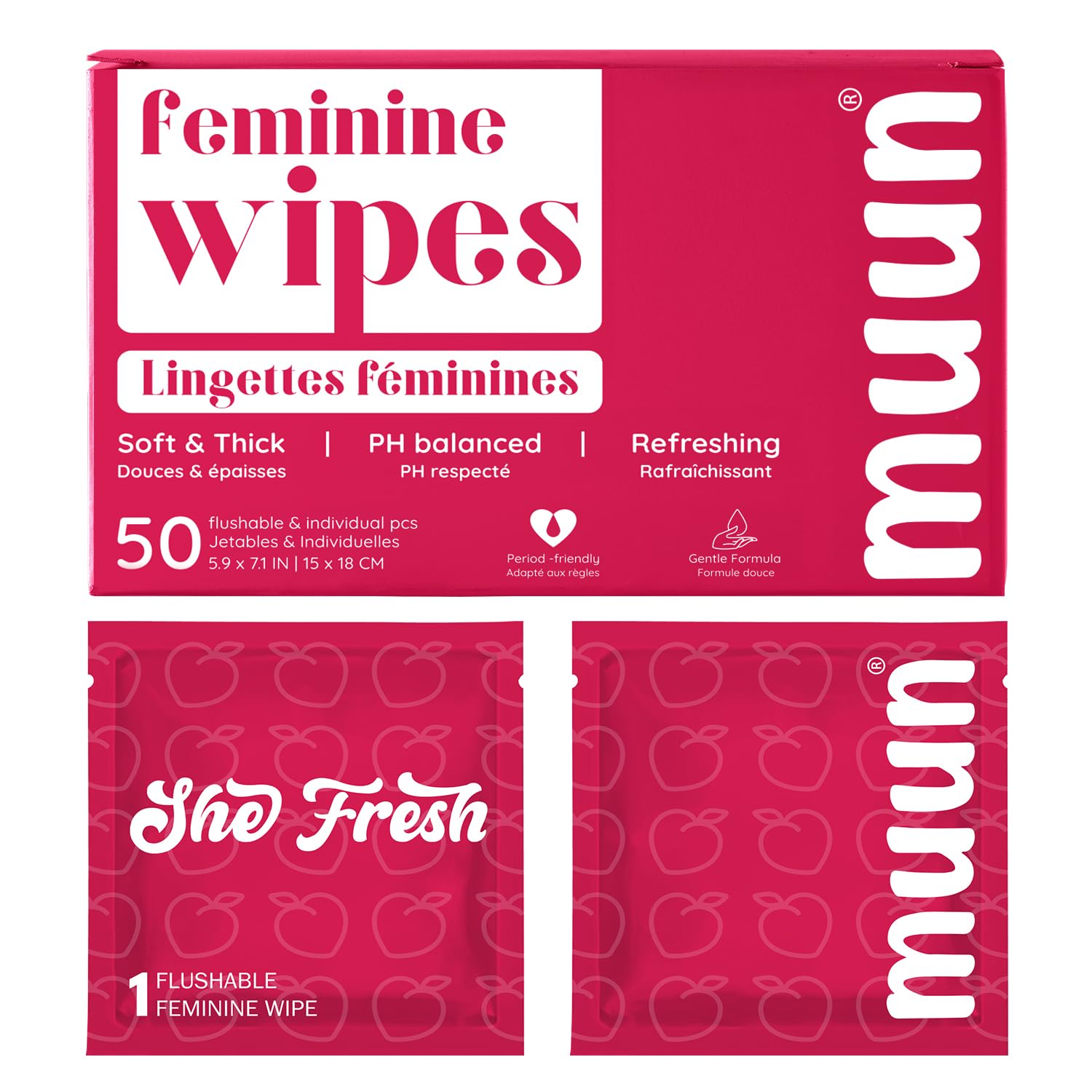 Muun feminine wipes flushable 50-count packaging for easy, on-the-go cleansing.
