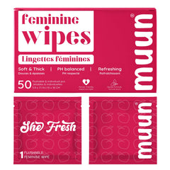 Muun feminine wipes flushable 50-count packaging for easy, on-the-go cleansing.