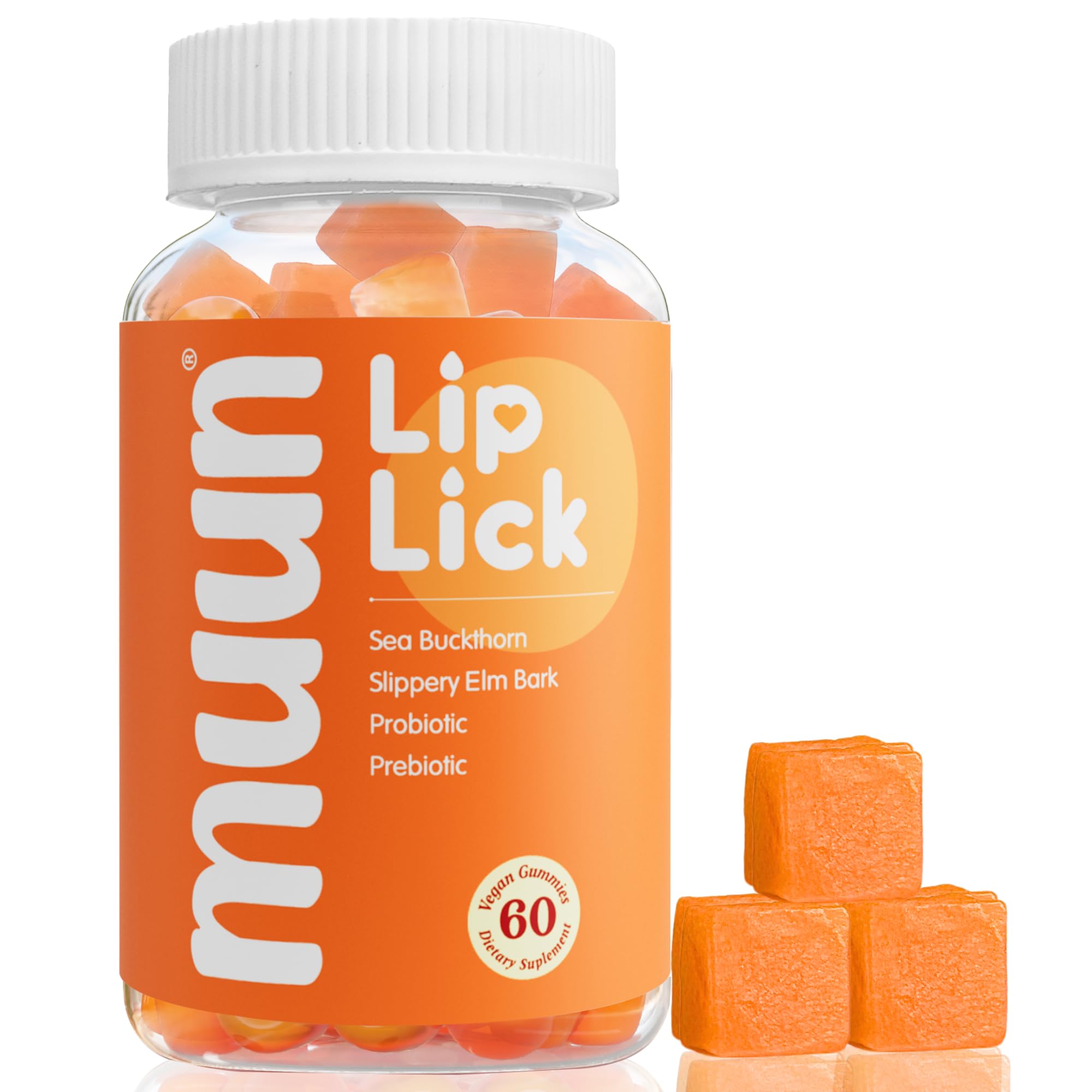 Muun Intimate Moisture Gummy bottle closeup for daily comfort and peach orange flavor